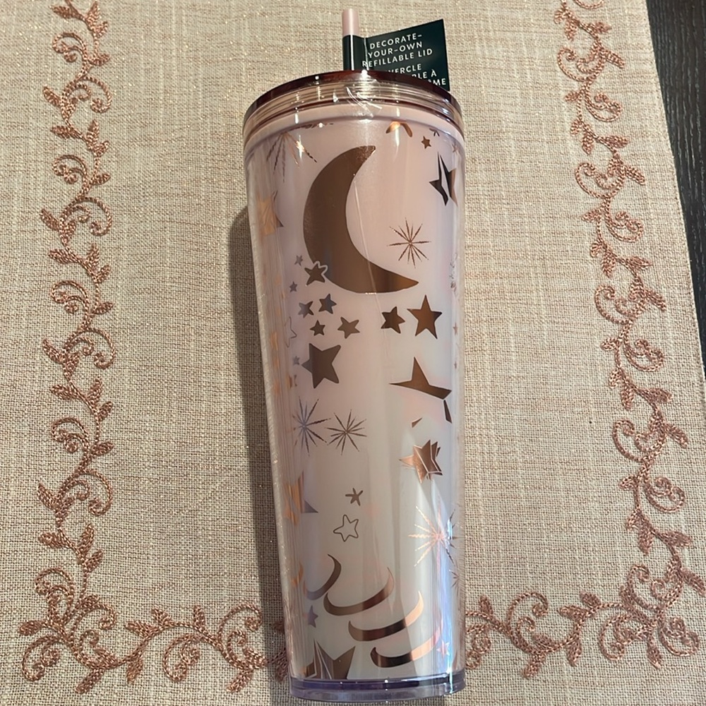 💫 NWT Starbucks 2023 Holiday💗Pink & Rose Gold Stars & Moon Decorate Lid Tumbler